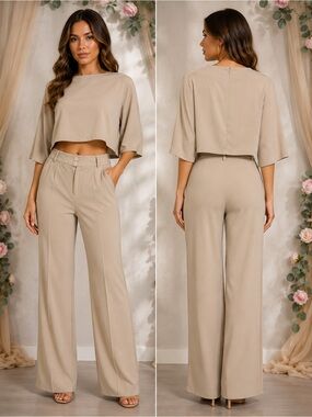 Miss Sparkling Beige Stretchy Wide Leg Pants Crop Top 2 Piece Set